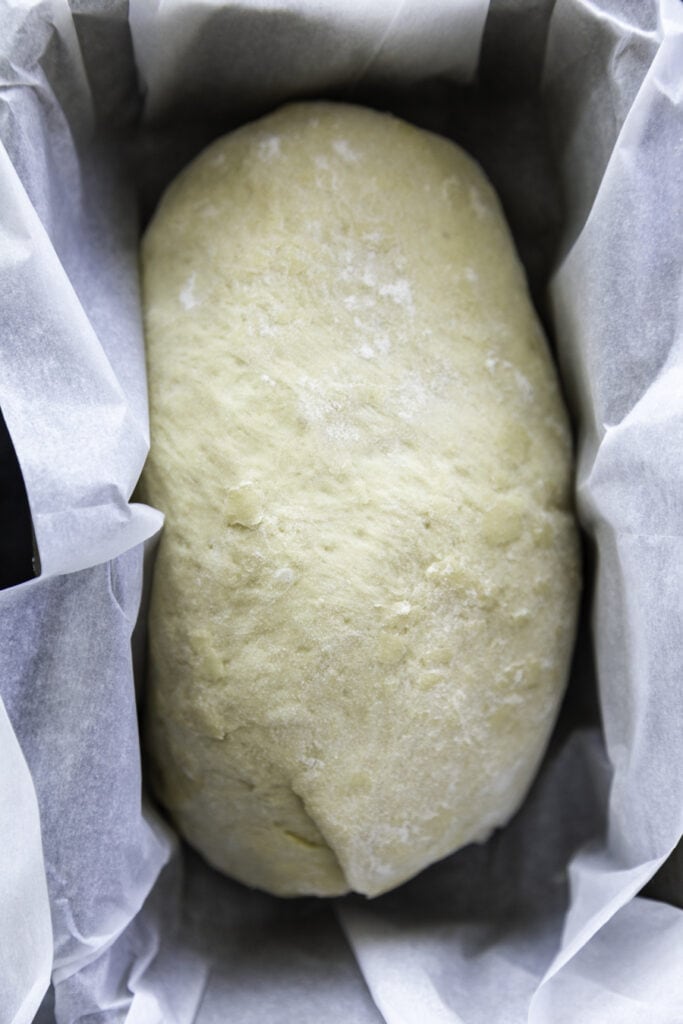overhead shot of bread dough in pan