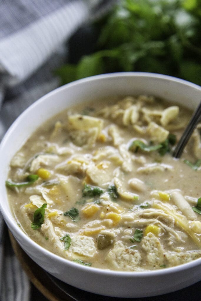 sideview bowl of white chicken chili