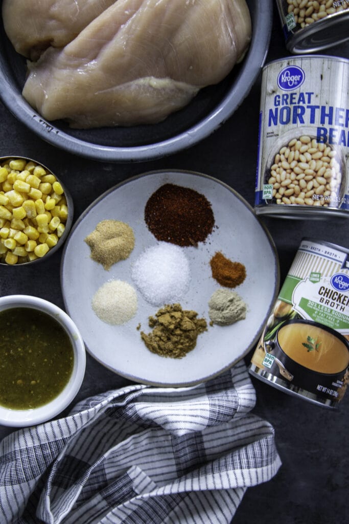 overhead ingredient shot of white chicken chili ingredients