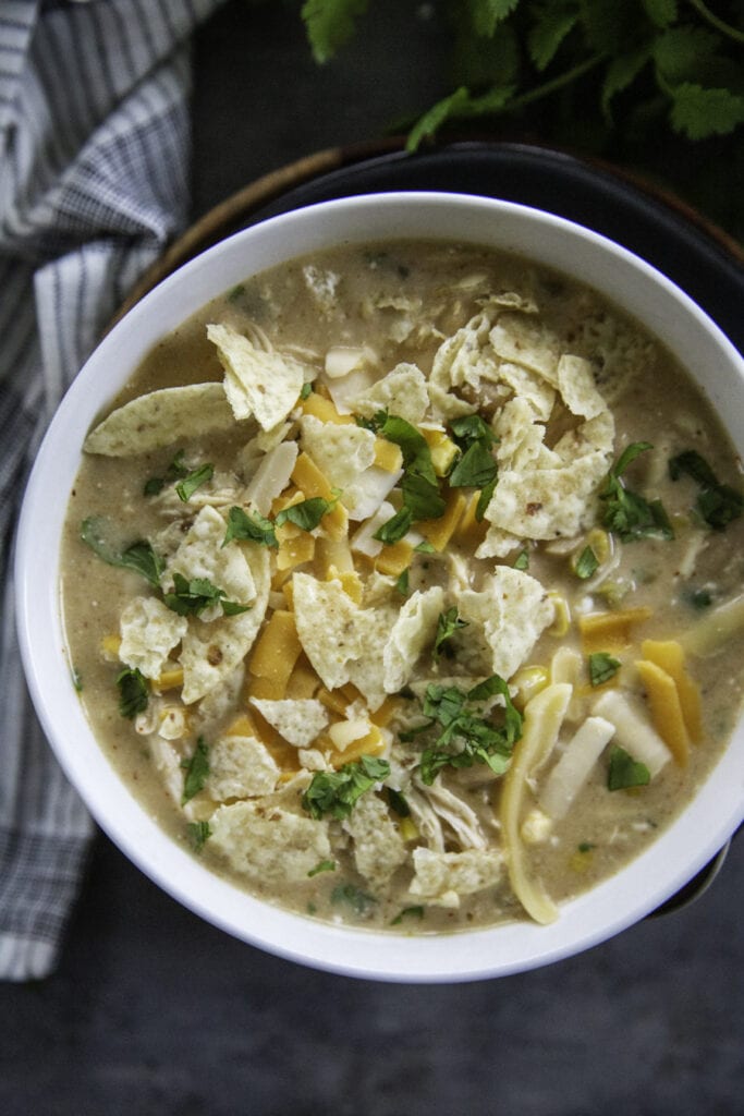 overhead shot of bowl with white chicken chili