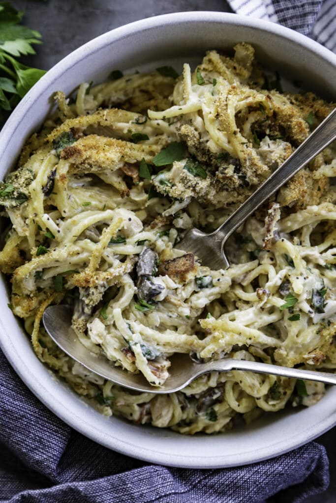 overhead shot of bowl of chicken Tetrazzini