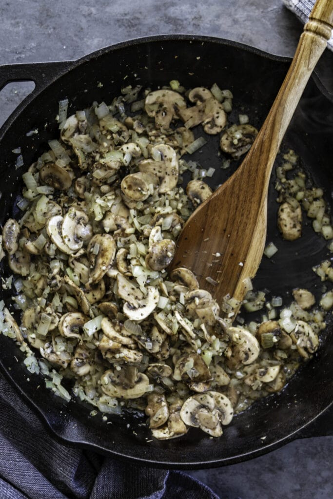 skillet with mushrooms and onions