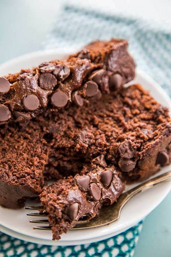 shot chocolate banana bread with chocolate chips with fork