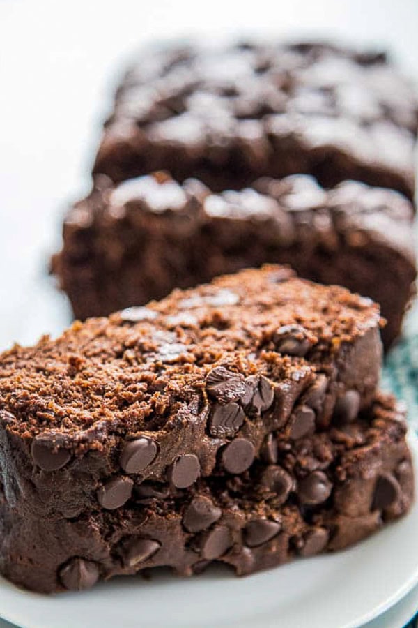 sliced shot chocolate banana bread with chocolate chips