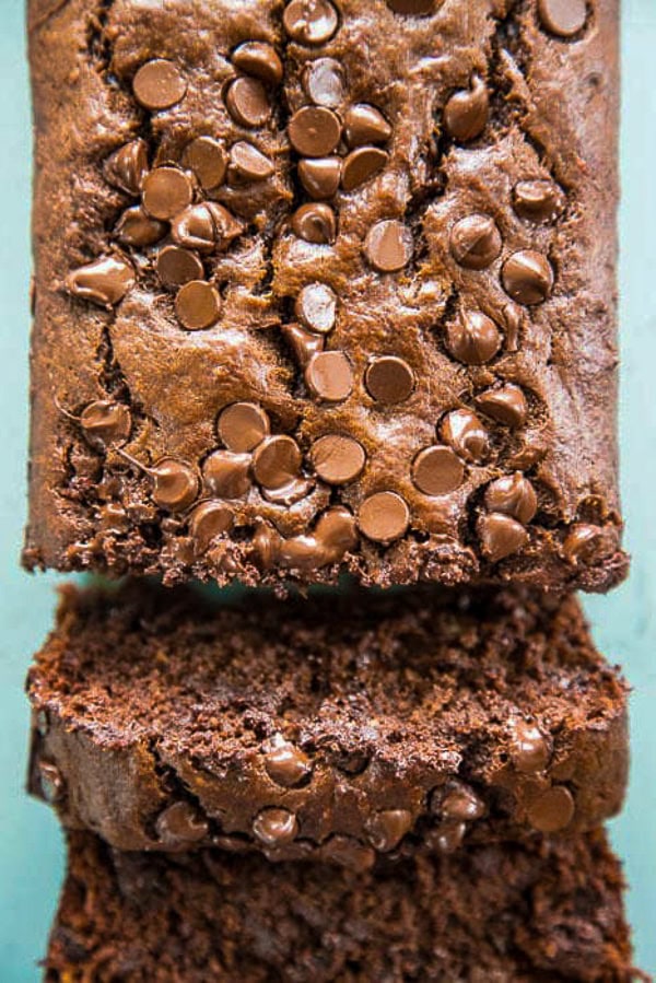 overhead shot chocolate banana bread with chocolate chips