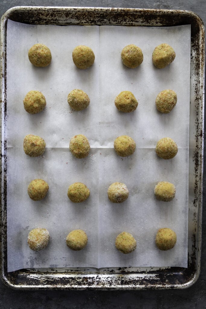 overhead shot of cookies on baking sheet