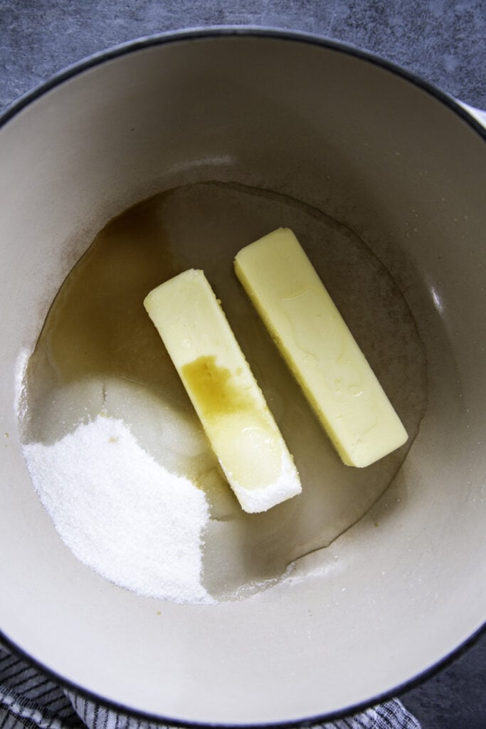 overhead shot butter, sugar and vanilla in pan