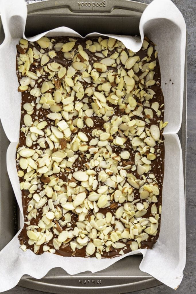 overhead shot almond slices on toffee