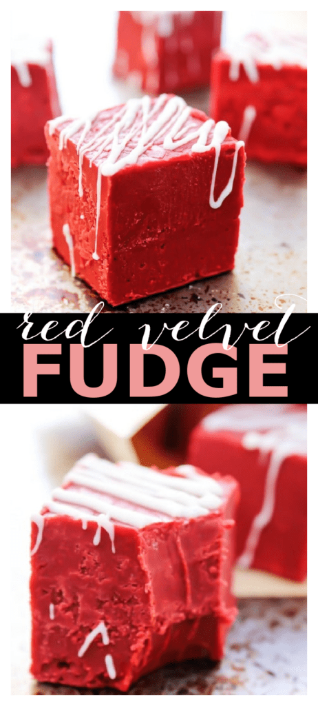 red velvet fudge collage recipe two images with text