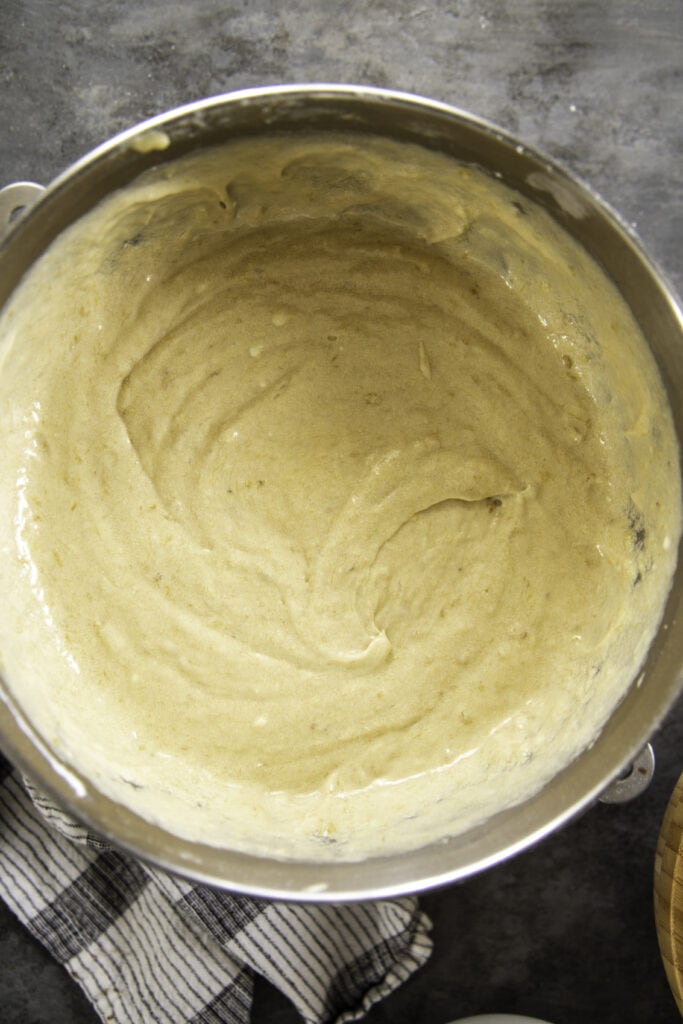 banana bread batter in mixing bowl