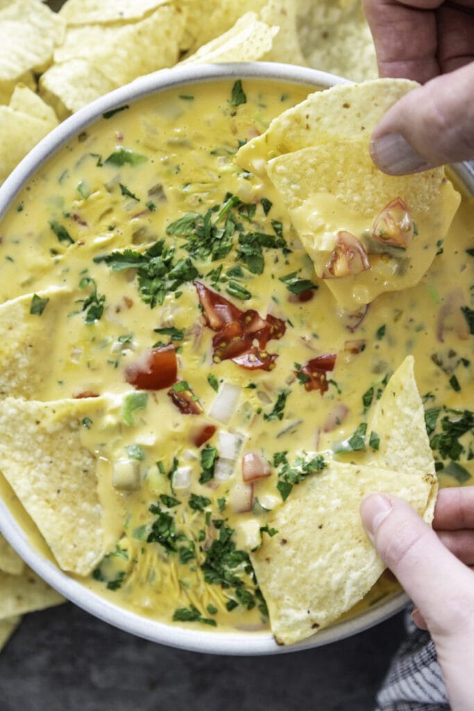 overhead shot of queso with chopped tomatoes and cilantro on top with chips