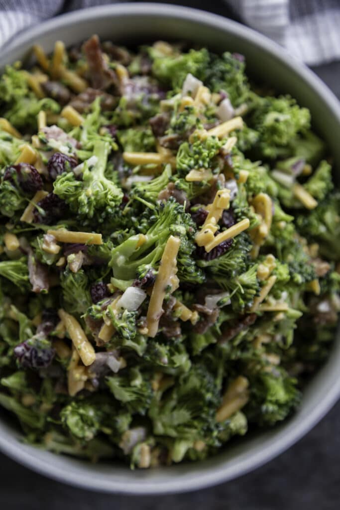 plated broccoli salad overhead shot