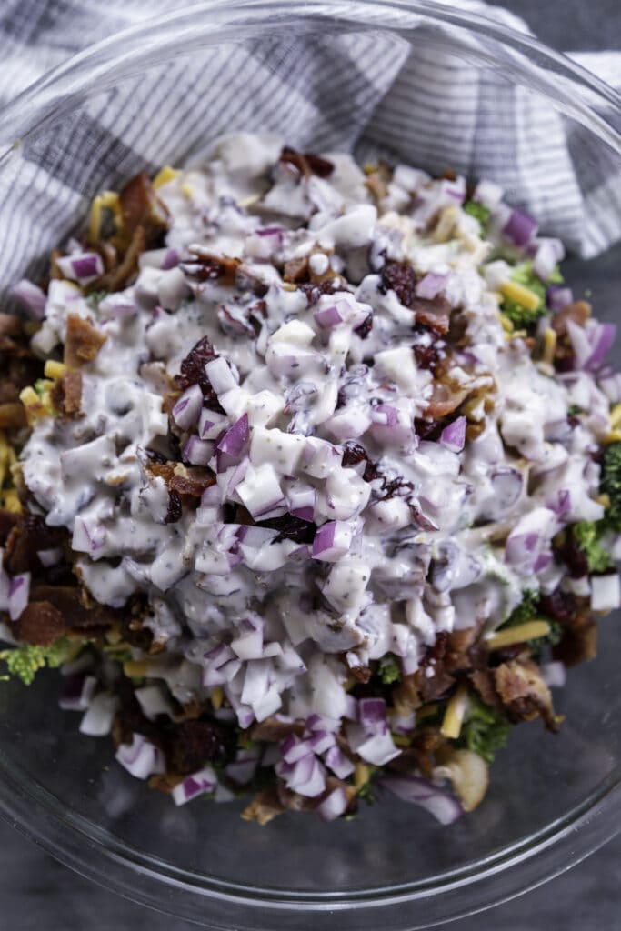 overhead shot glass bowl with salad ingredients; bacon, purple onion cheese and broccoli and dressing