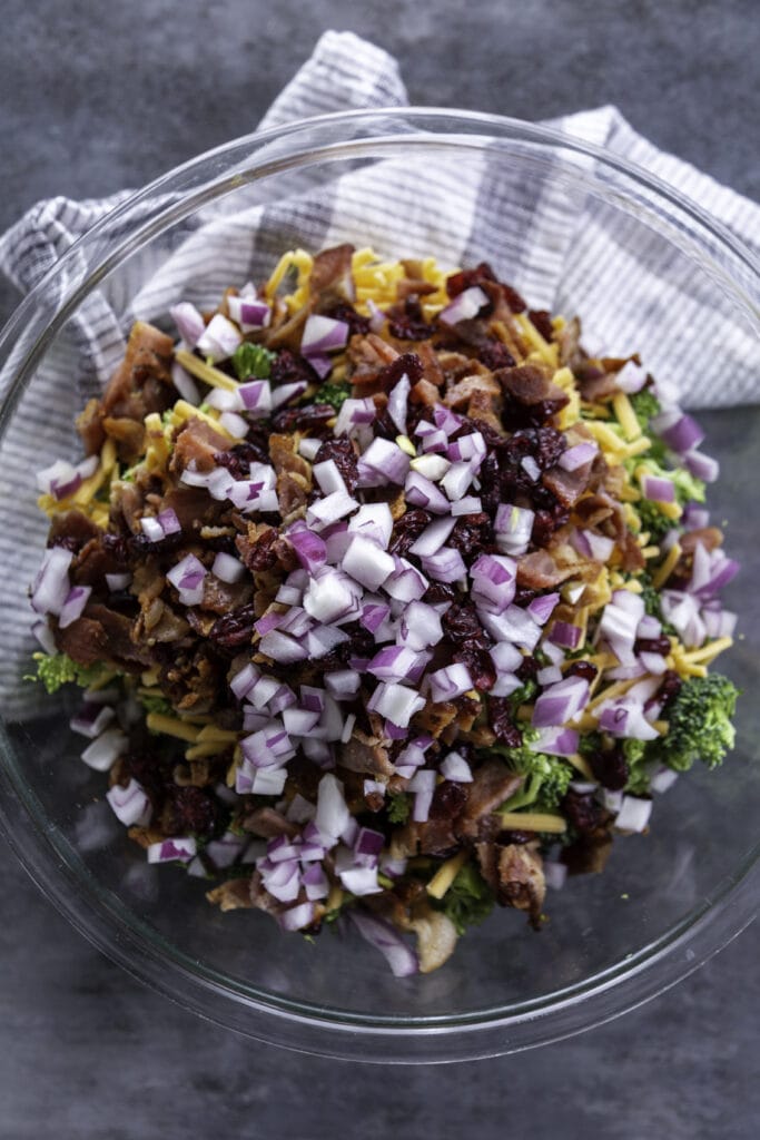 overhead shot glass bowl with salad ingredients; bacon, purple onion cheese and broccoli