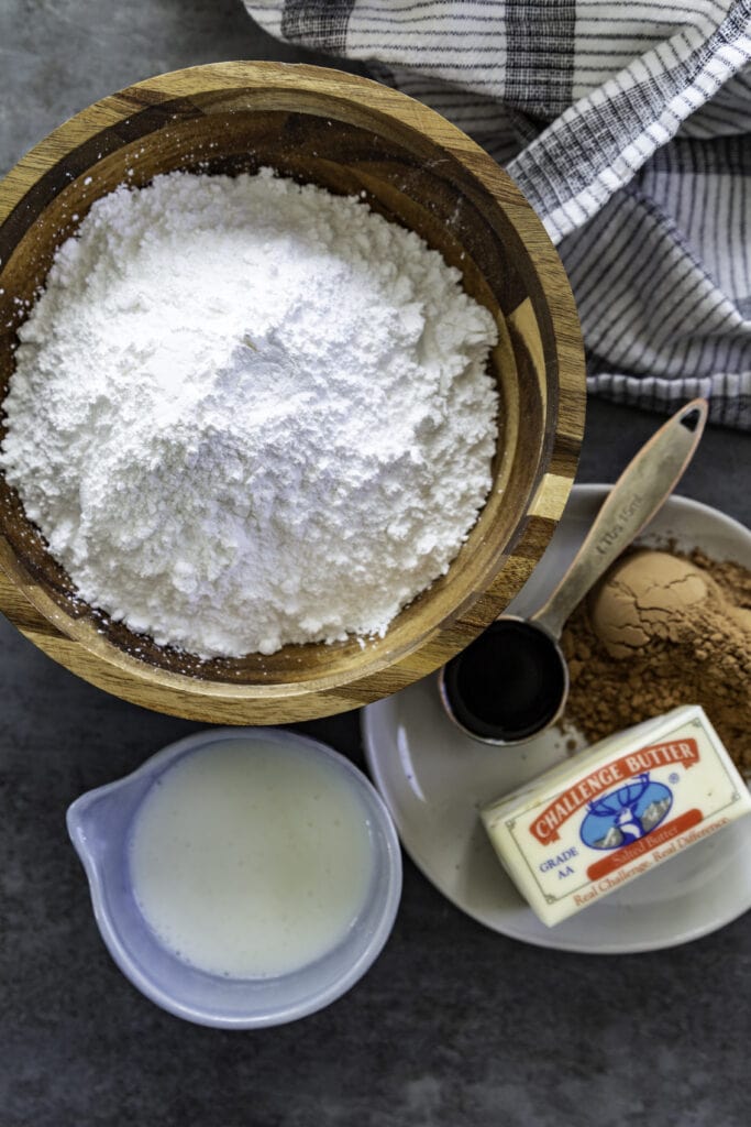 overhead shot of chocolate frosting ingredients