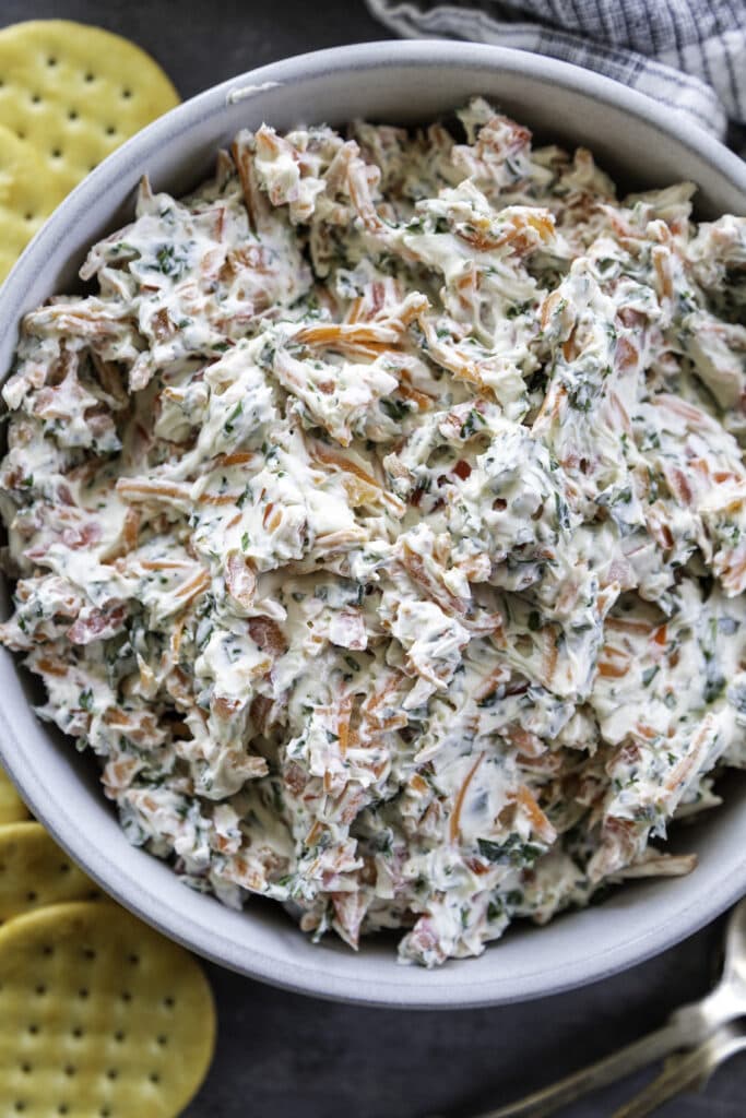 overhead shot of veggie cream cheese in bowl