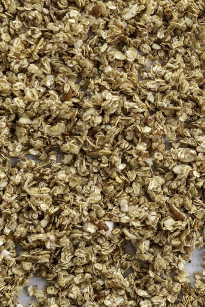 overhead shot granola on baking sheet