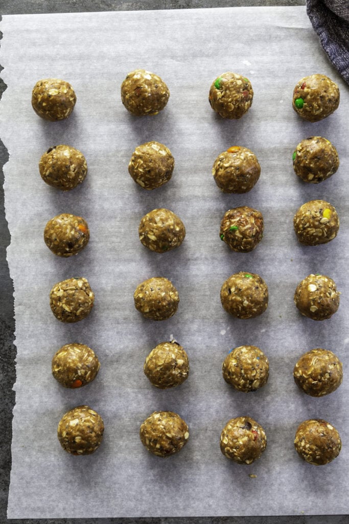 overhead shot of peanut butter protein balls