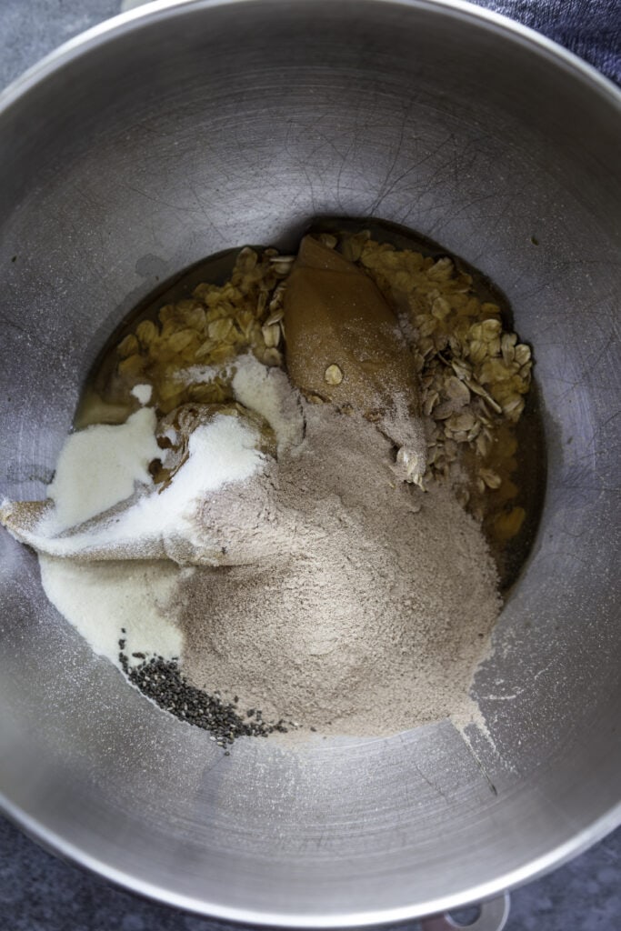 overhead shot of mixing bowl with protein ball ingredients