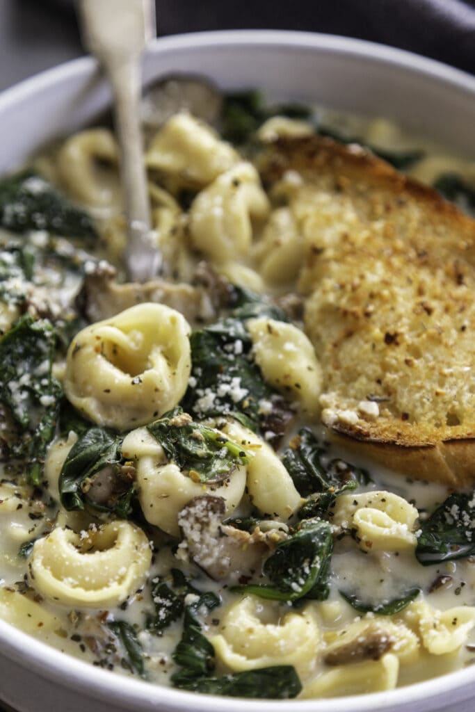 bowl of creamy tortellini soup with spoon
