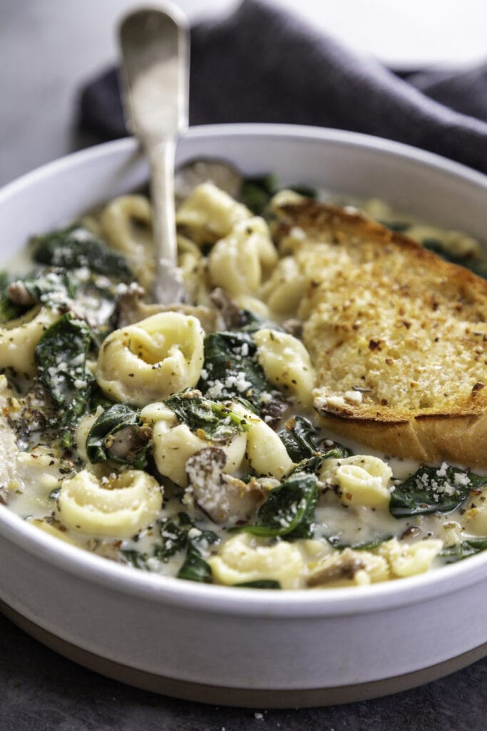bowl of creamy tortellini soup with spoon
