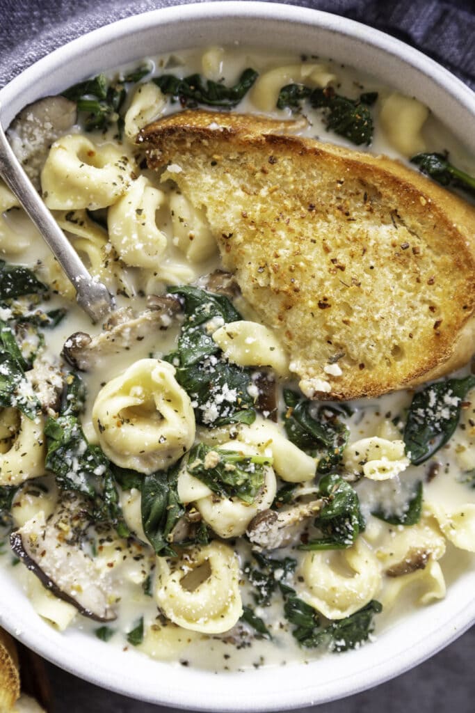 overhead shot of bowl of creamy tortellini soup with spoon