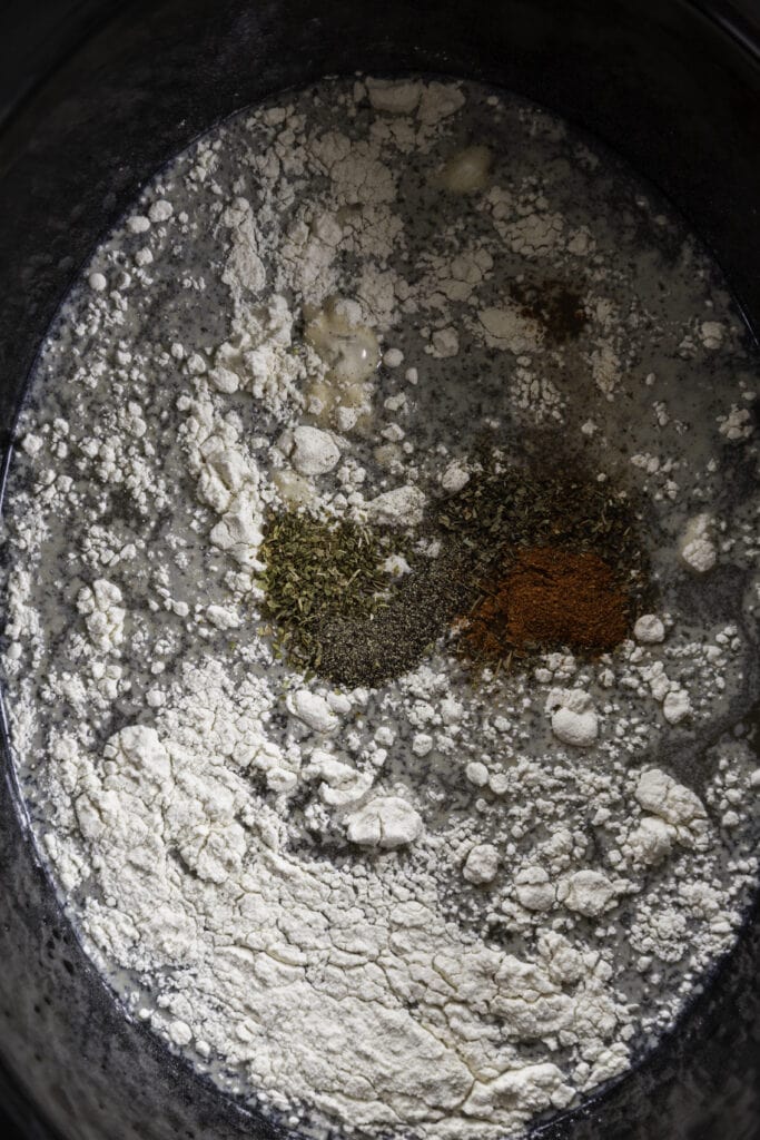 overhead shot of crockpot with ingredients