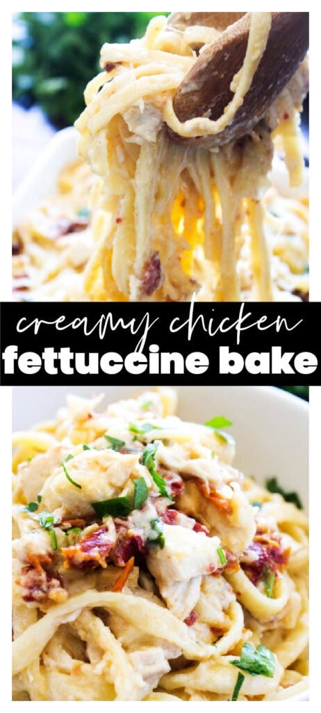chicken fettuccine bake collage image with recipe title