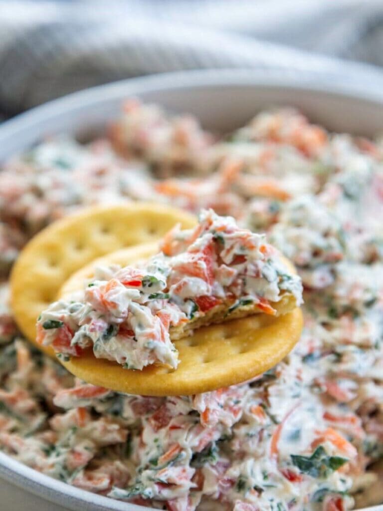veggie dip in bowl with cracker