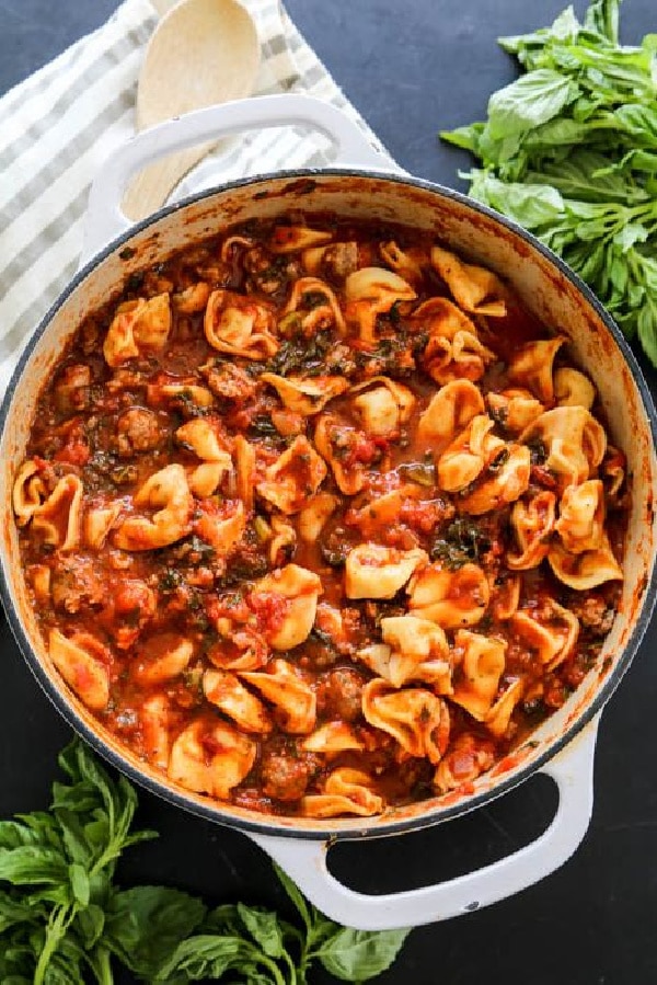 overhead shot of tortellini soup