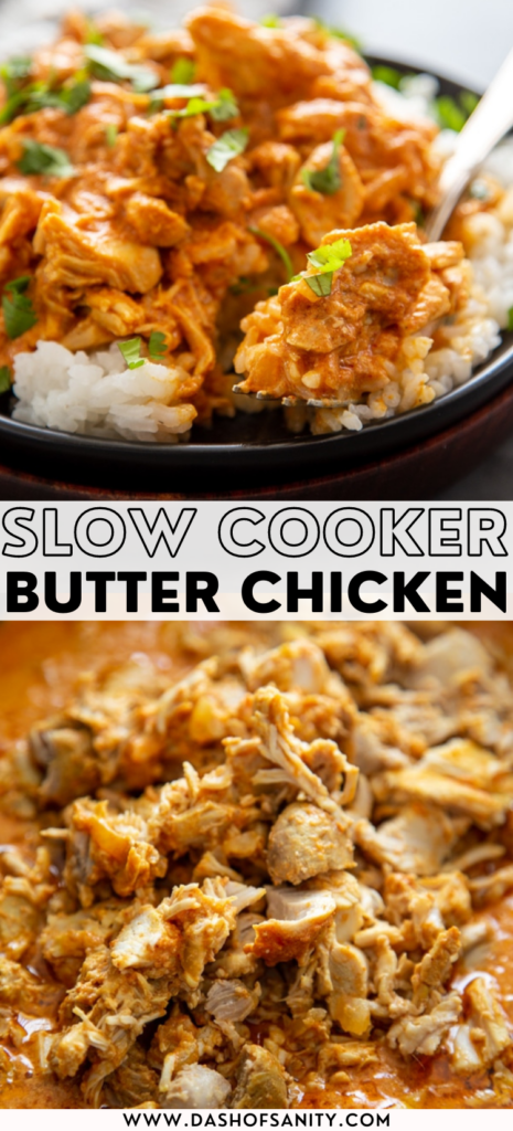 collage image of butter chicken on a plate with fork with rice and cilantro