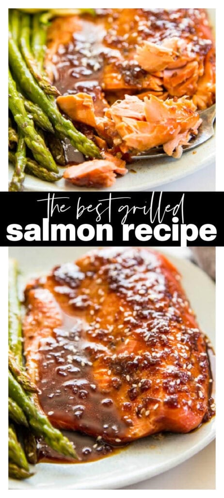 collage image of grilled salmon on plate with recipe title