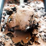 cookie and cream nutella ice cream in pan with scooper