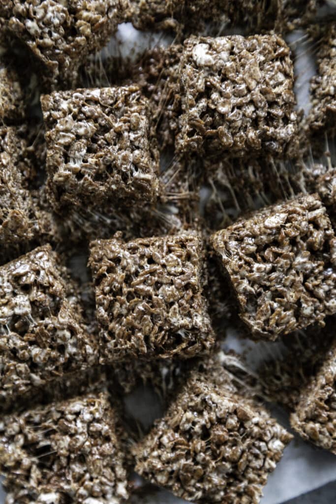 overhead shot of chocolate rice krispie treats cut