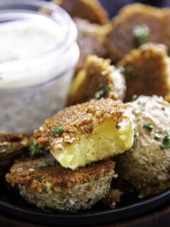 plate of potatoes with dip