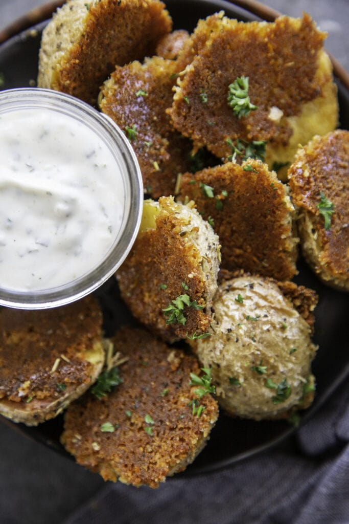 overhead shot of rosemary parmesan crusted potatoes