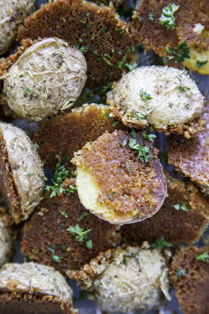 overhead shot of rosemary parmesan crusted potatoes