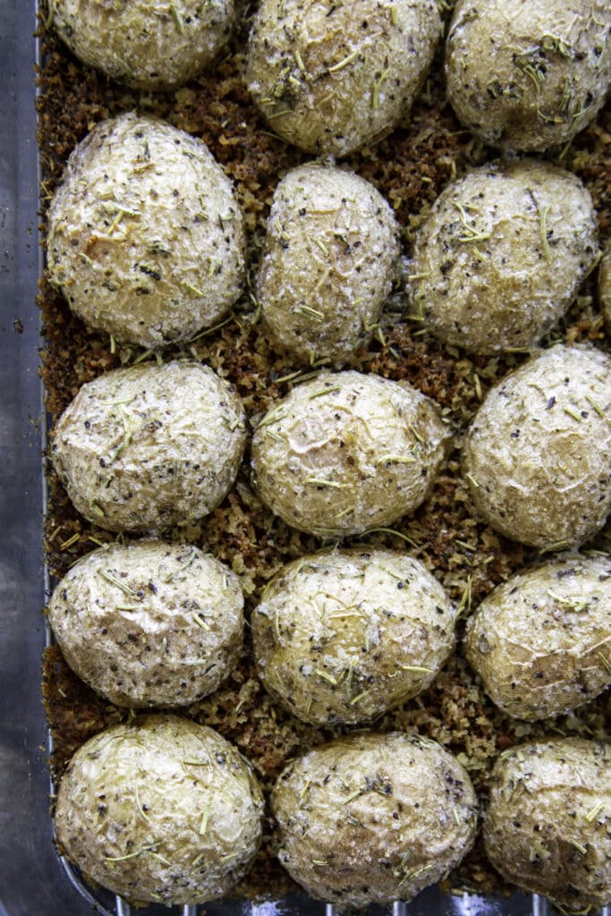 overhead shot of potatoes in baking pan