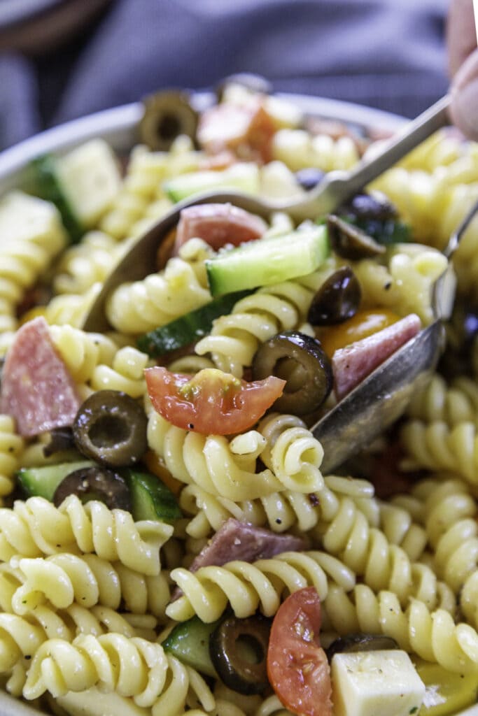 pasta salad in bowl up close shot