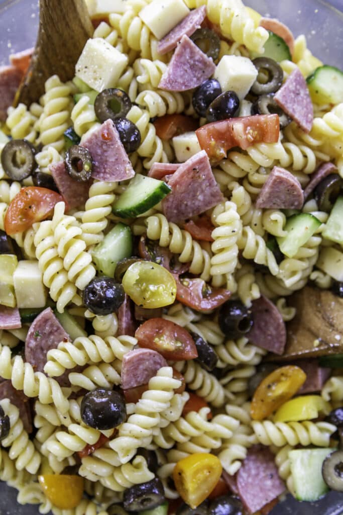 overhead shot of pasta salad