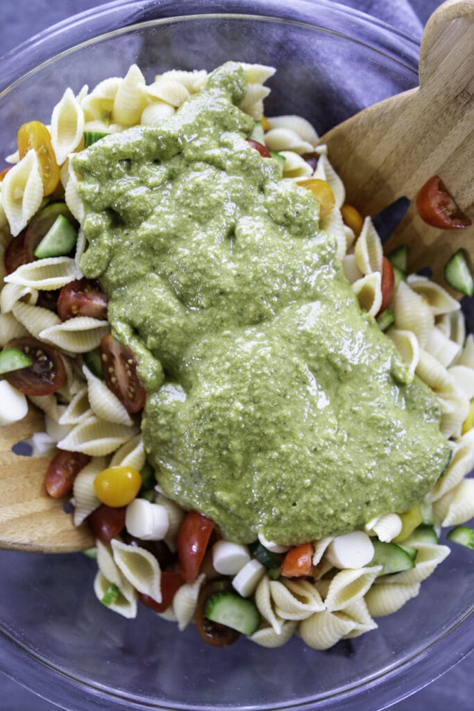 pesto over pasta and veggies