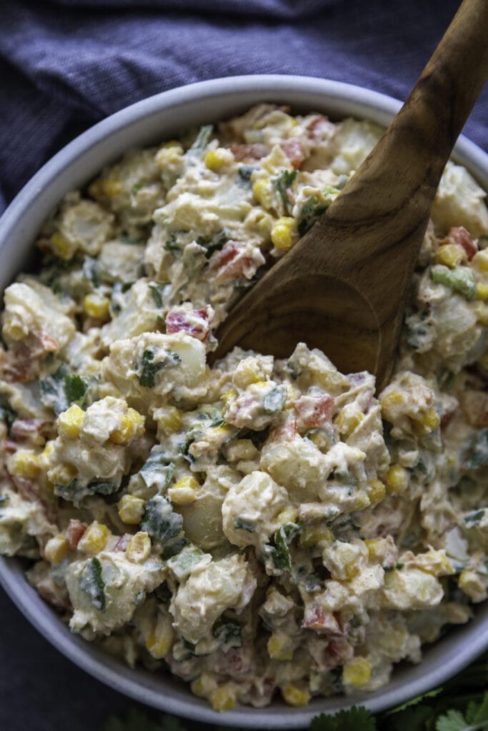 overhead shot potato salad in bowl