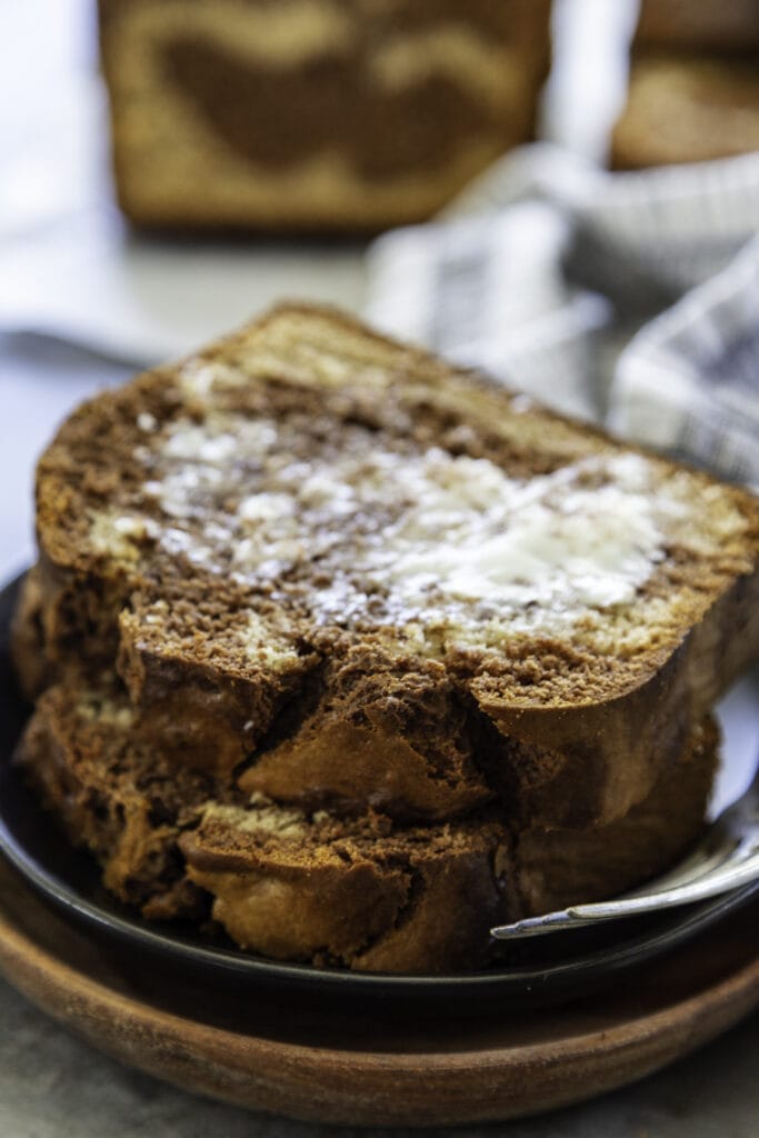 pieces of swirl Chocolate Peanut Butter Banana Bread sliced