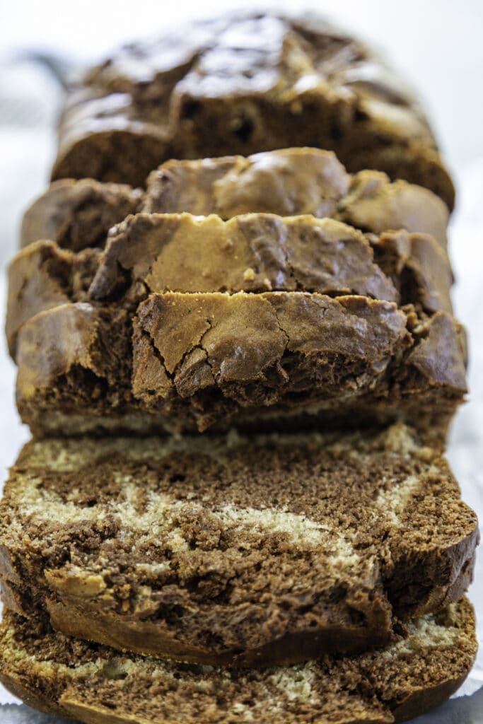 loaf of swirl Chocolate Peanut Butter Banana Bread sliced