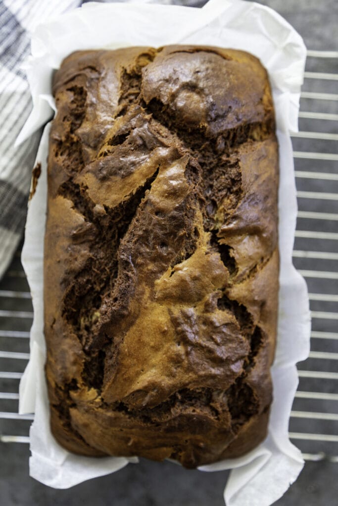 overhead shot of swirl chocolate peanut butter banana bread