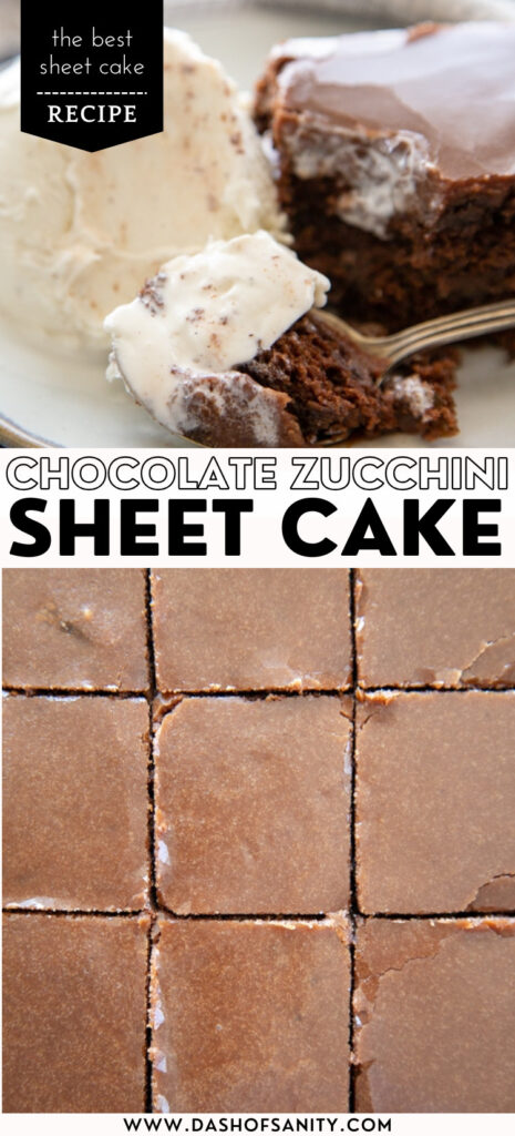 collage image of chocolate sheet cake with recipe title