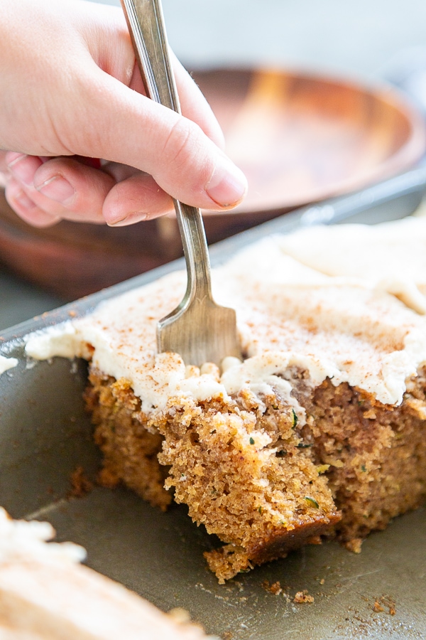 frosted cake in pan and fork