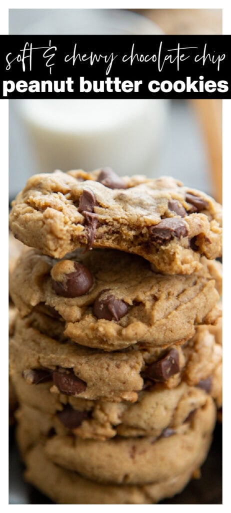 stack of chocolate chip peanut butter cookies with bite out of the top cookie