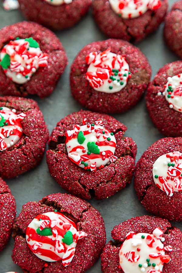 overhead shot peppermint kiss cookies with sprinkles
