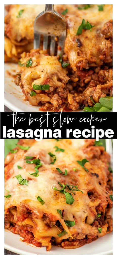 lasagna on a plate collage with recipe title